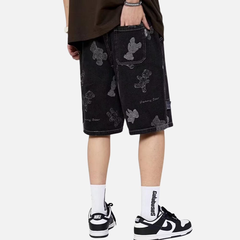 Washed Cartoon Print Denim Shorts