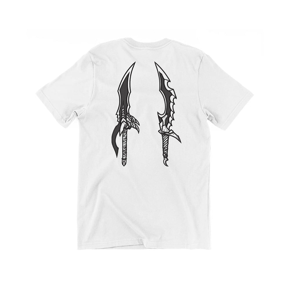 Embroidered Graphic T-Shirts with Samurai Demon Mask & Twin Blade Designs