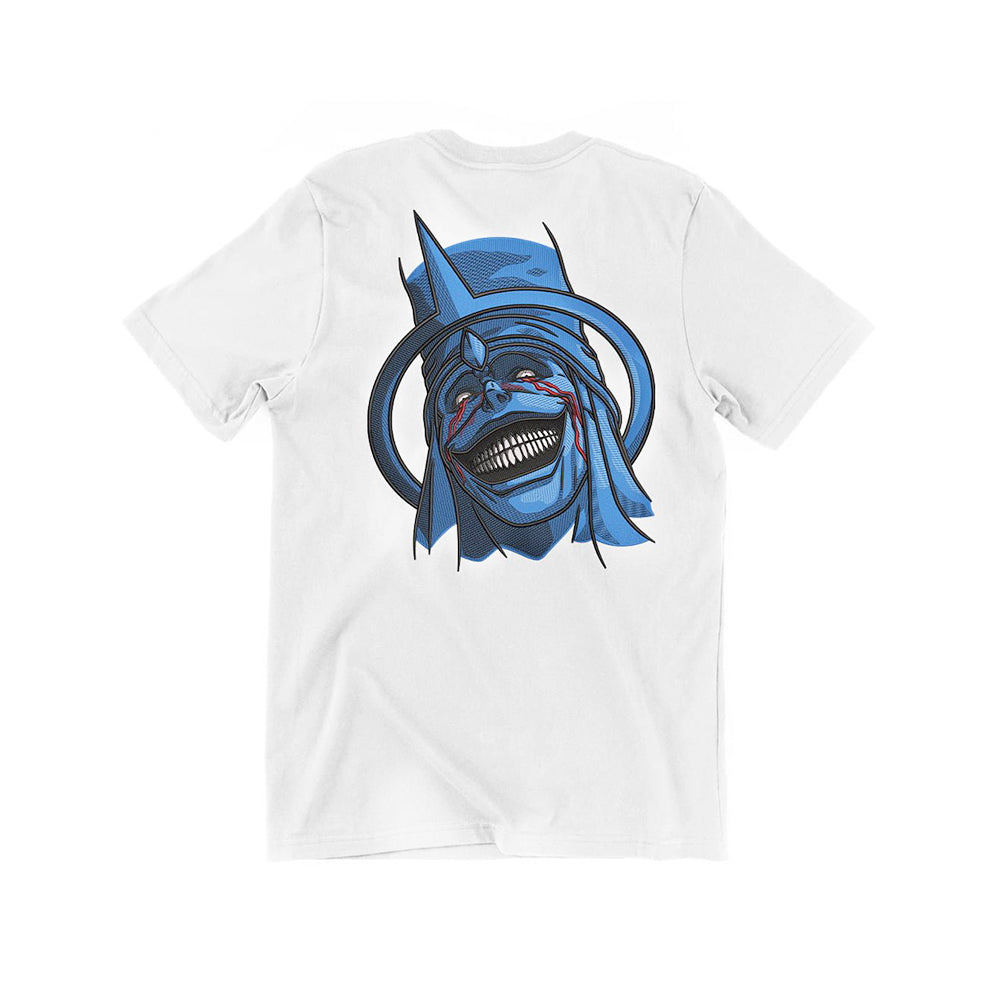Edgy Embroidered Tee with Evil Samurai Mask and Survival Quote