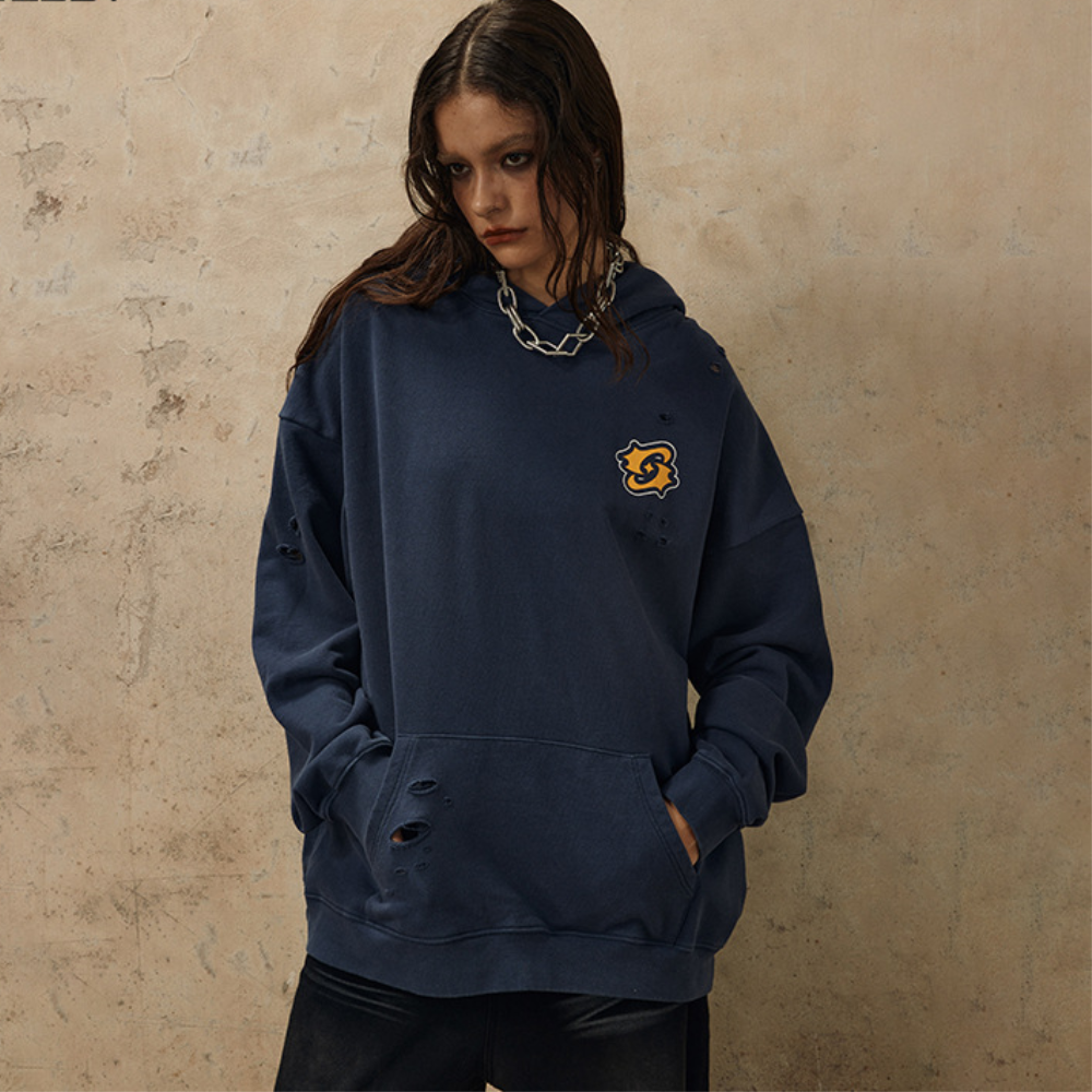 Washed Hole Letters Hoodie