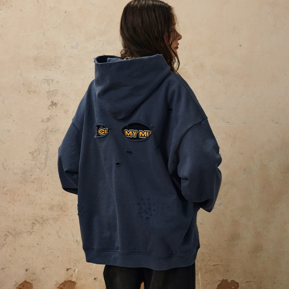 Washed Hole Letters Hoodie