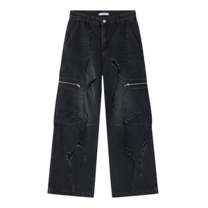 Irregular Hole Solid Color Cargo Jeans