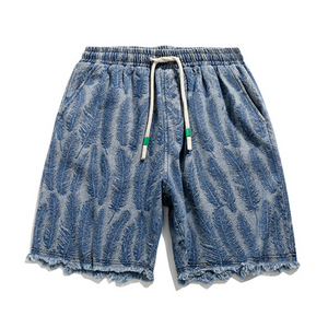 Street Feather Jacquard Frayed Denim Shorts