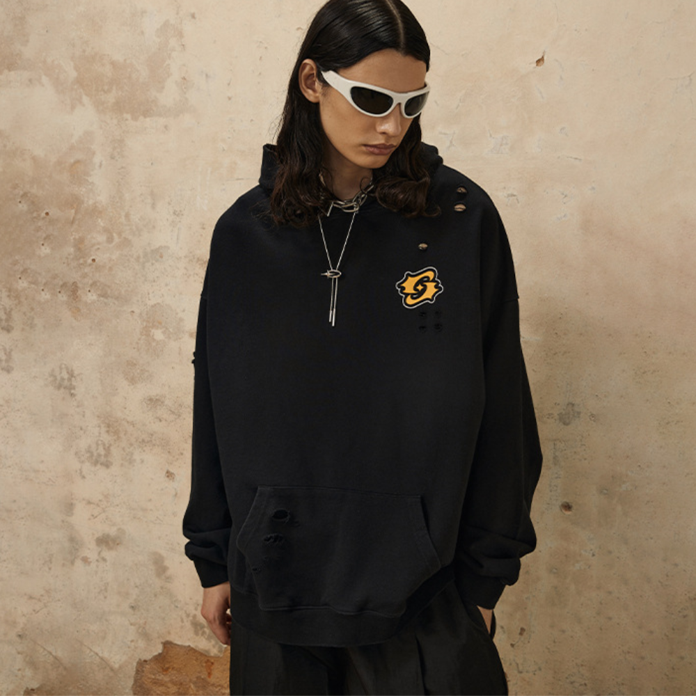 Washed Hole Letters Hoodie