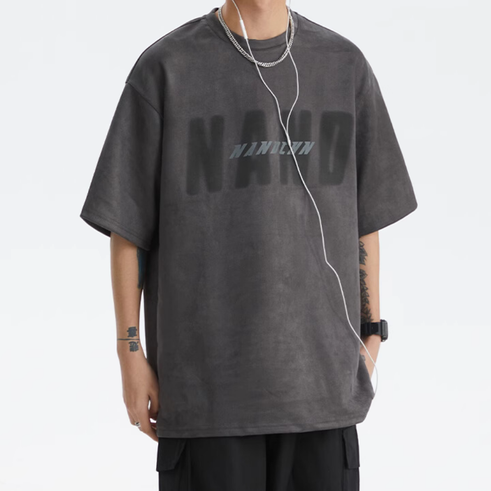 Japanese Suede Letter Print T-shirt