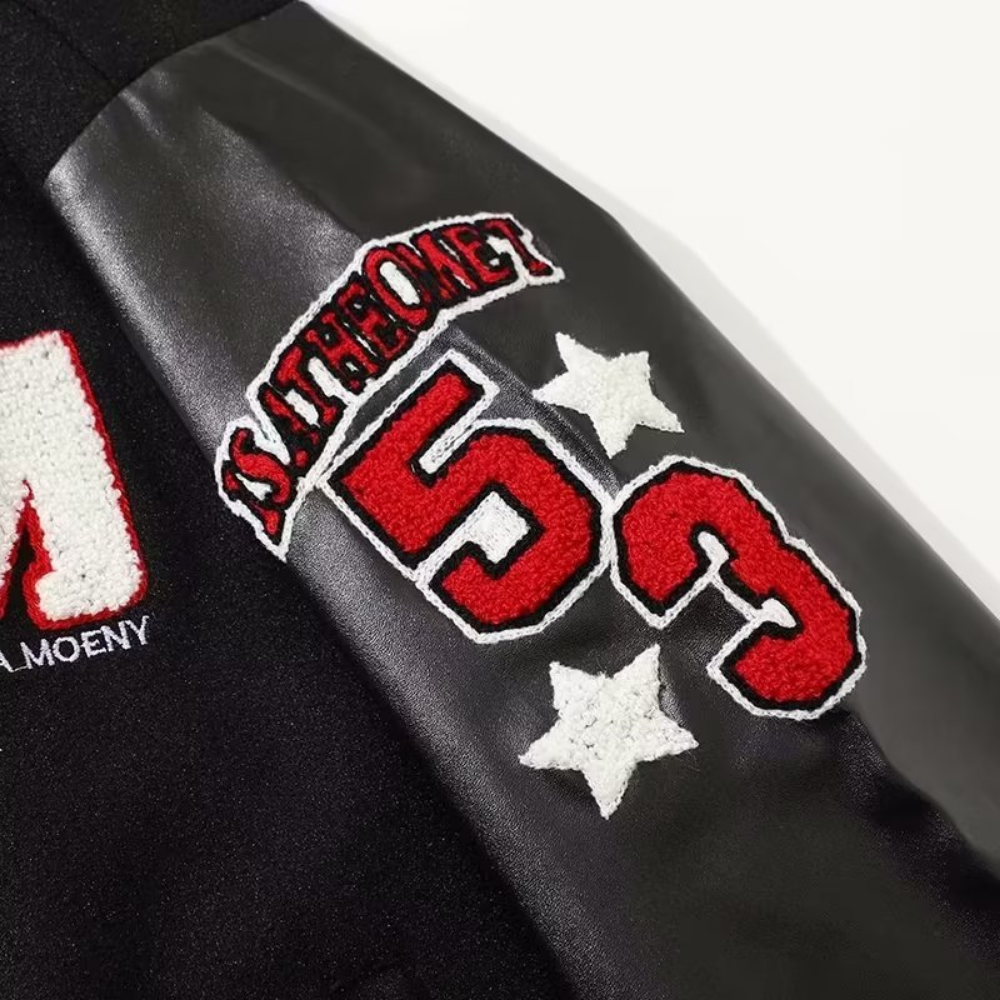 American Pattern Embroidered PU Panel Varsity Jacket