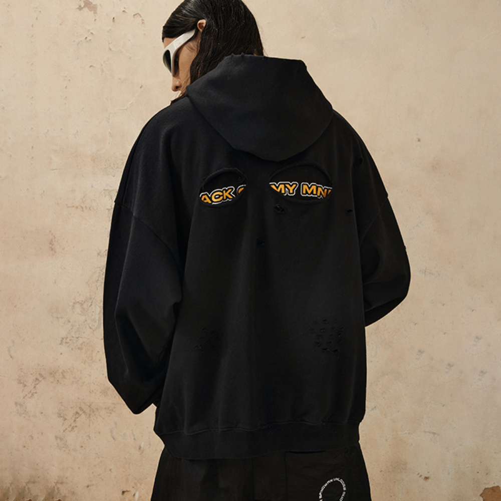 Washed Hole Letters Hoodie
