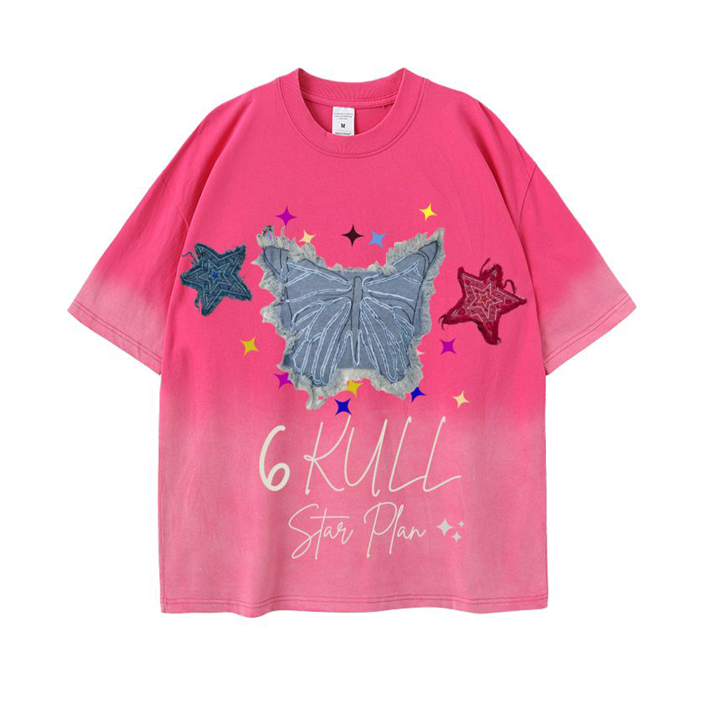 6Kull Star Plan Butterfly Denim Washed T-Shirt