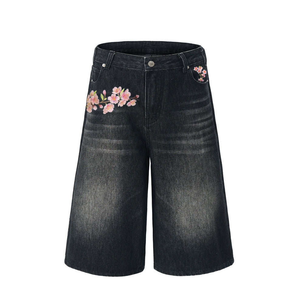 Evokyn Embroidered Pink Sakura Floral Baggy Shorts