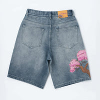 Evokyn Embroidered Denim Shorts with Sakura Blossom Tree