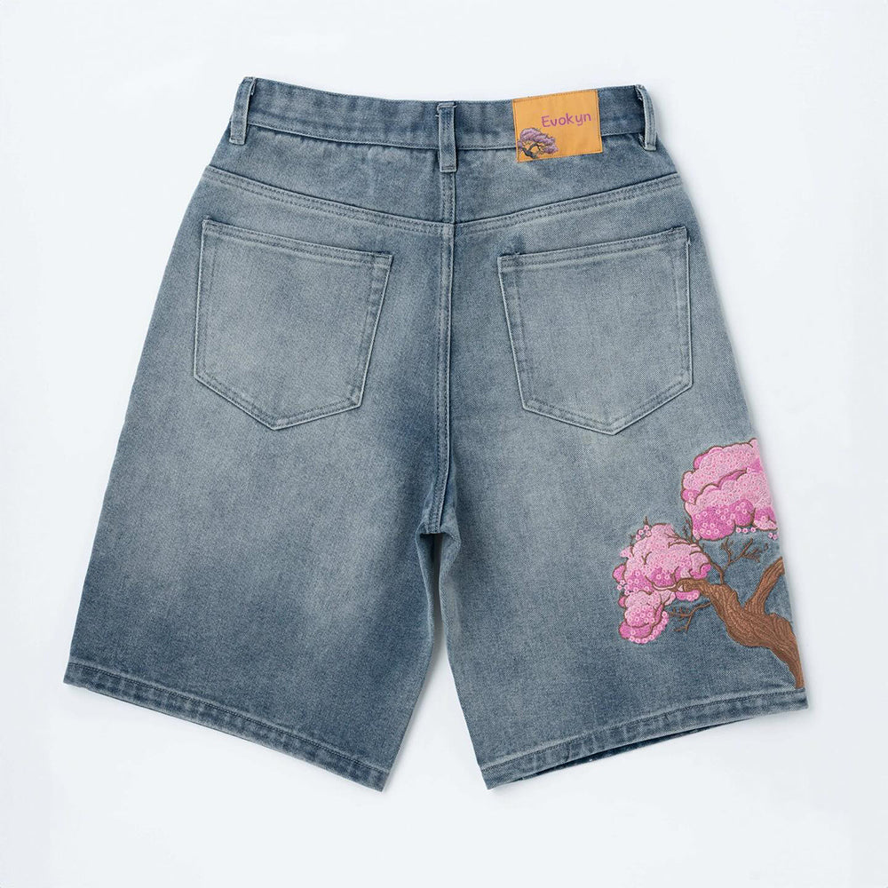 Evokyn Embroidered Denim Shorts with Sakura Blossom Tree