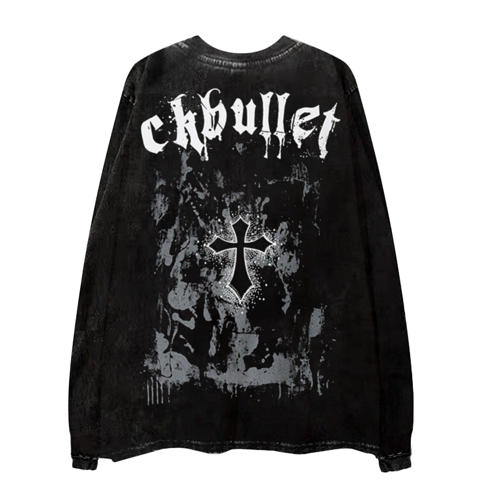 Retro Dark Cross Letters Long-Sleeve Shirt