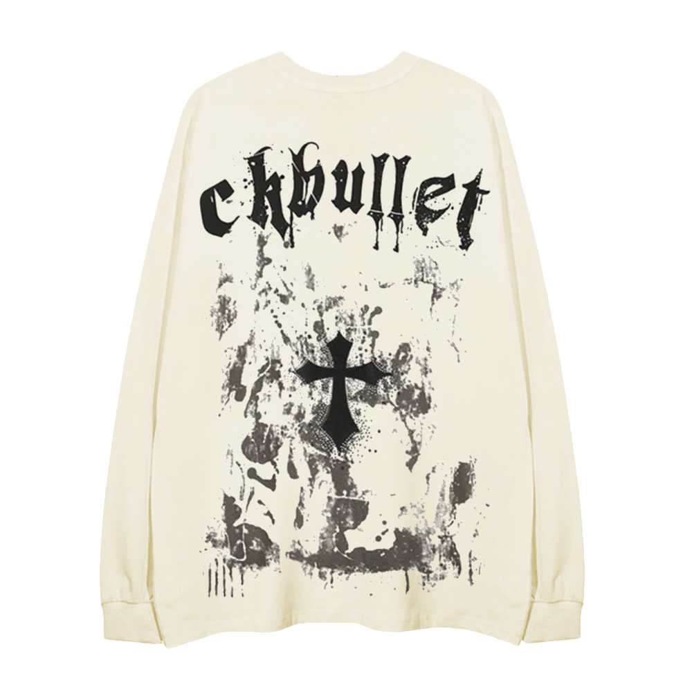 Retro Dark Cross Letters Long-Sleeve Shirt