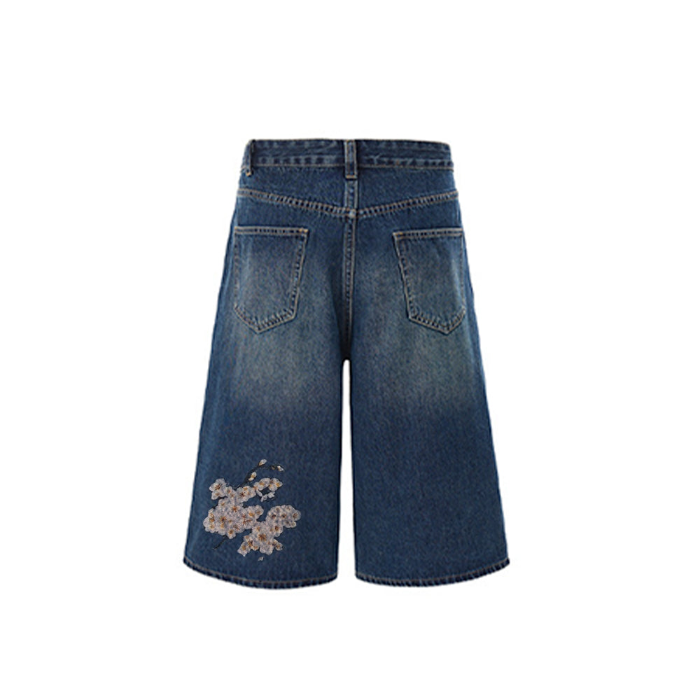 Evokyn Embroidered White Sakura Blossom Floral Denim Shorts