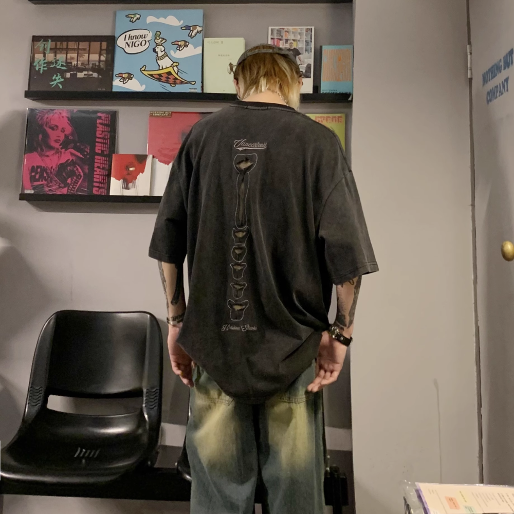 Retro Skeleton Hole Embroidery Oversize T-shirt
