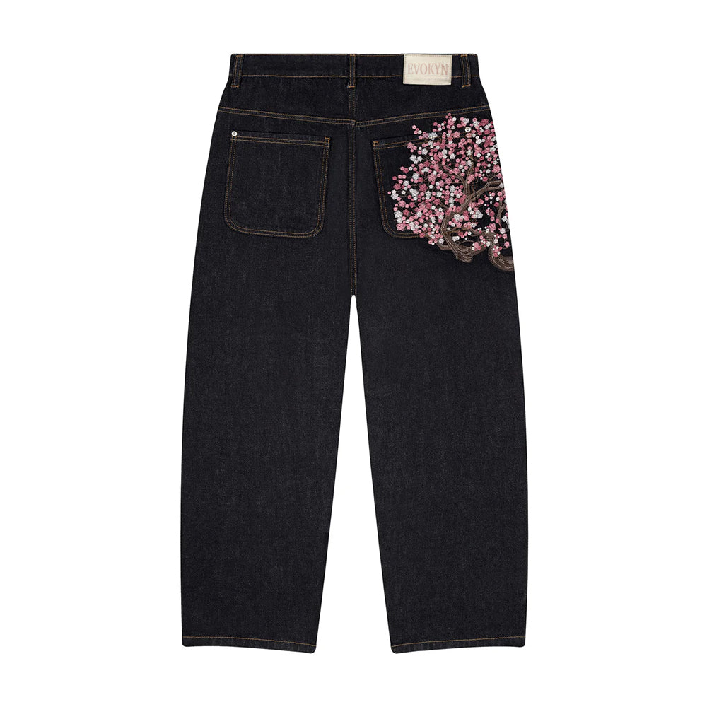 Evokyn Embroidered Denim Jeans with Sakura Blossom