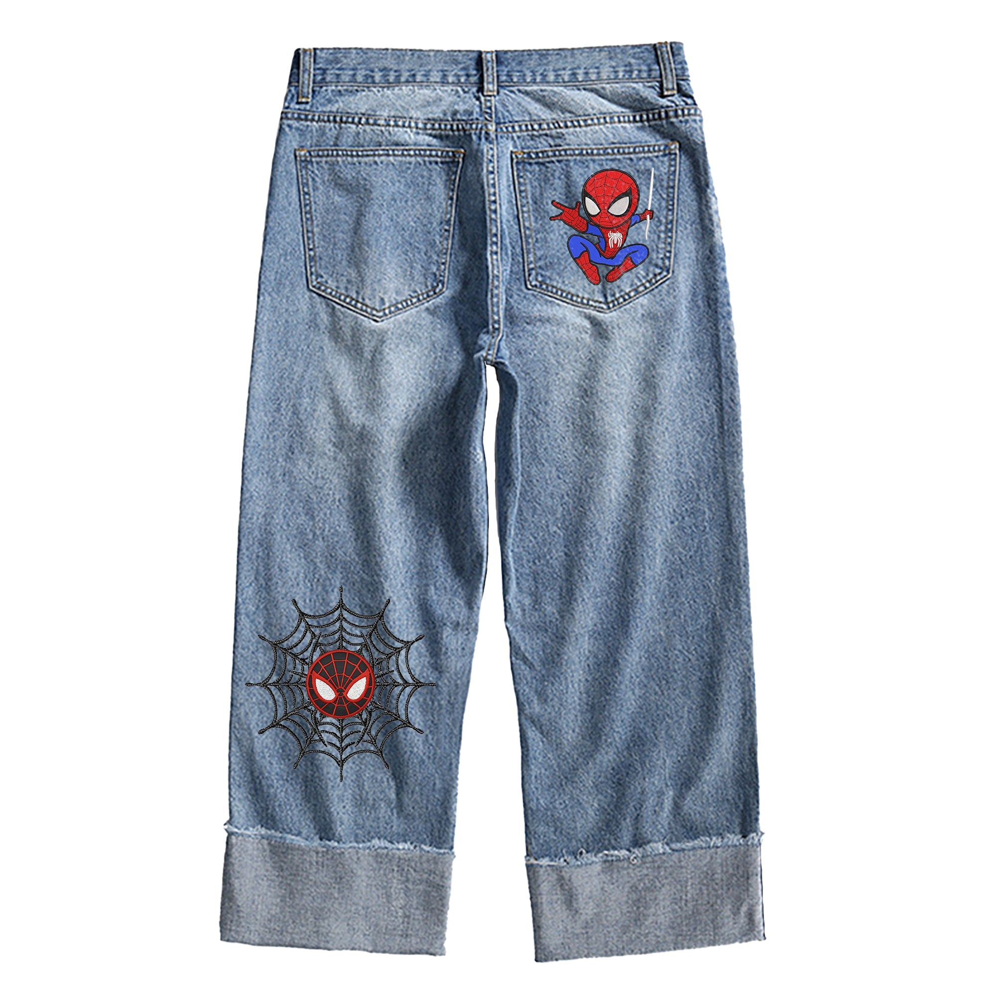 Distressed Embroidered Denim Jeans with Spiderman Patch