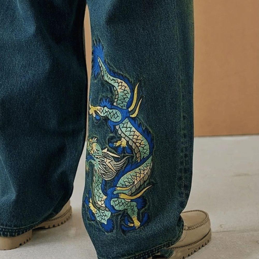 Embroidered Ed Hardy Jeans with Blue Dragon Patch