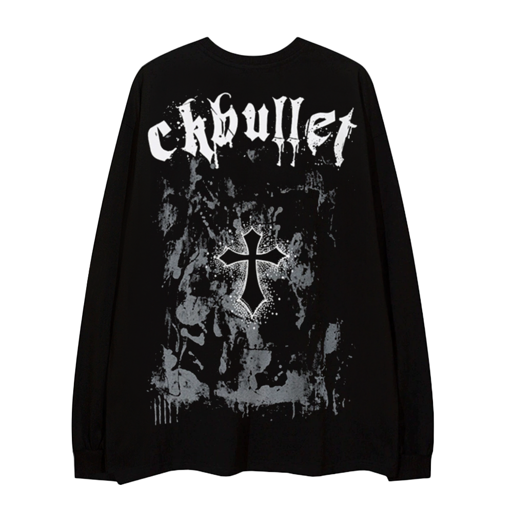 Retro Dark Cross Letters Long-Sleeve Shirt