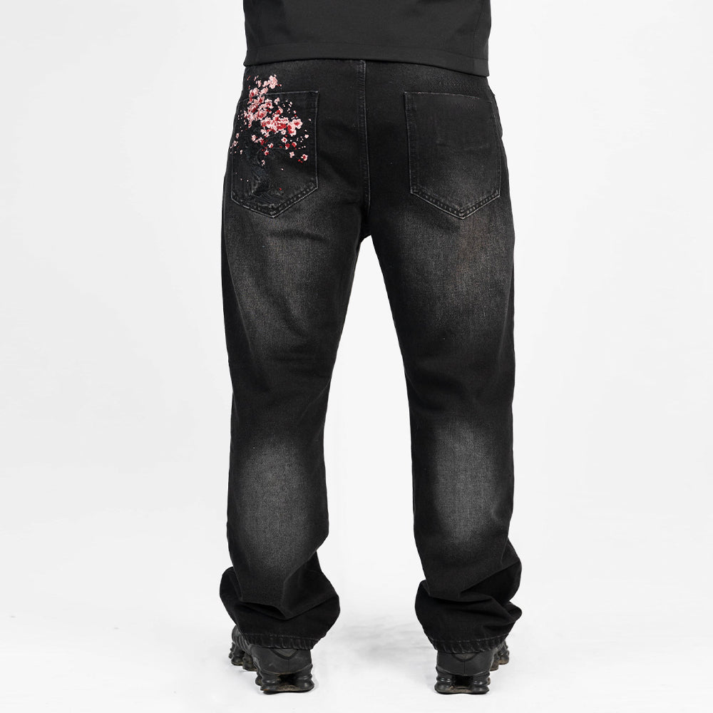 Evokyn Embroidered Pink Sakura Blossom Black Denim Jean