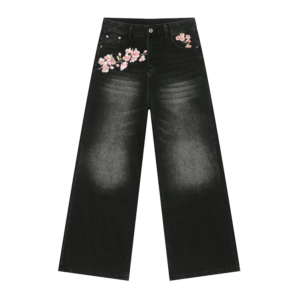 Evokyn Embroidered Pink Sakura Floral Jeans