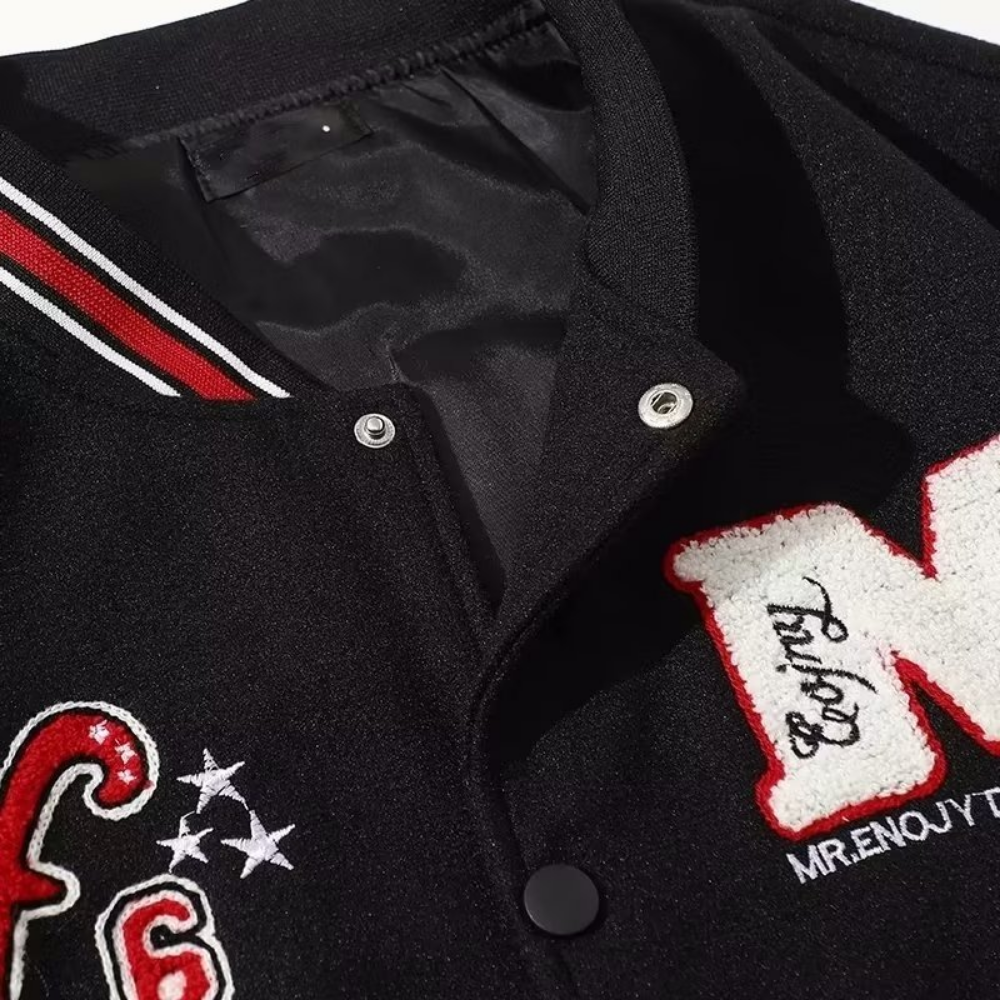 American Pattern Embroidered PU Panel Varsity Jacket