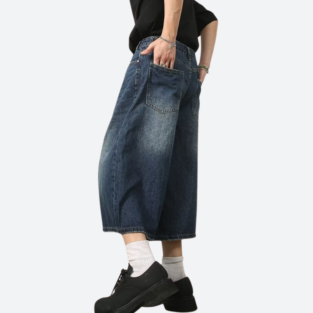Distressed Wide-Leg Denim Shorts