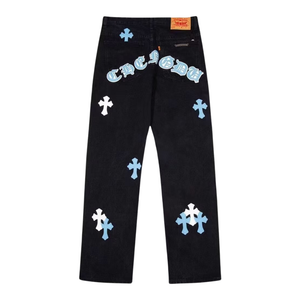 Hip Hop Cross Leather Logo Jeans