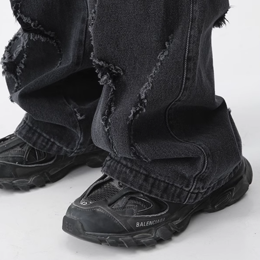 Irregular Hole Solid Color Cargo Jeans