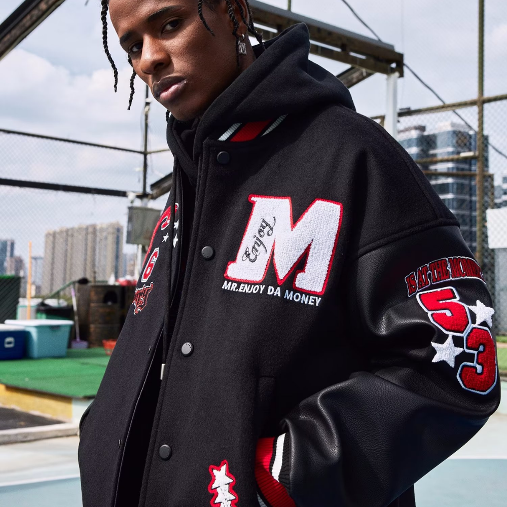 American Pattern Embroidered PU Panel Varsity Jacket