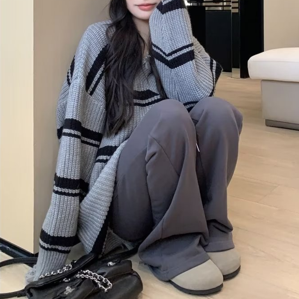 Women's Raw Edge Striped Knitted Sweater
