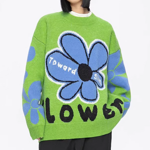 Women's Loose Blue Sunflower Sweater