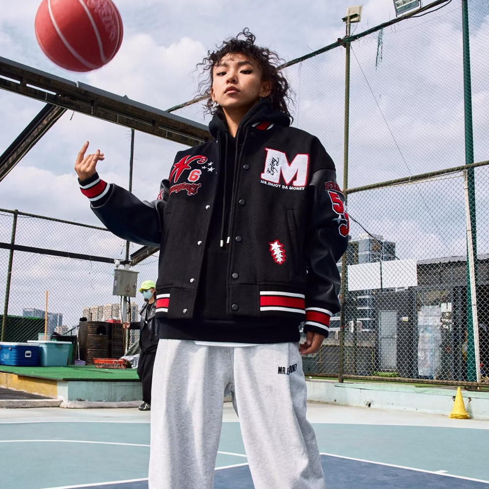 American Pattern Embroidered PU Panel Varsity Jacket