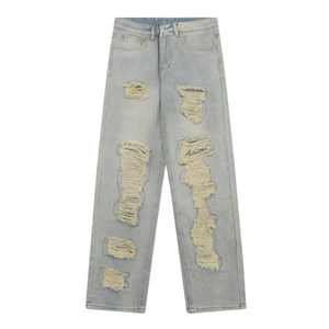 American Retro Loose Straight Washed Old Patch Ripped Jeans