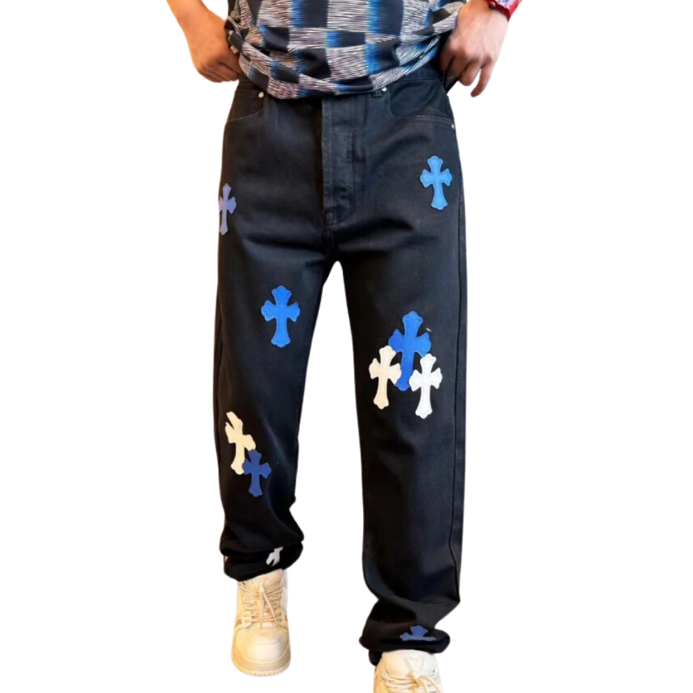 Hip Hop Cross Leather Logo Jeans