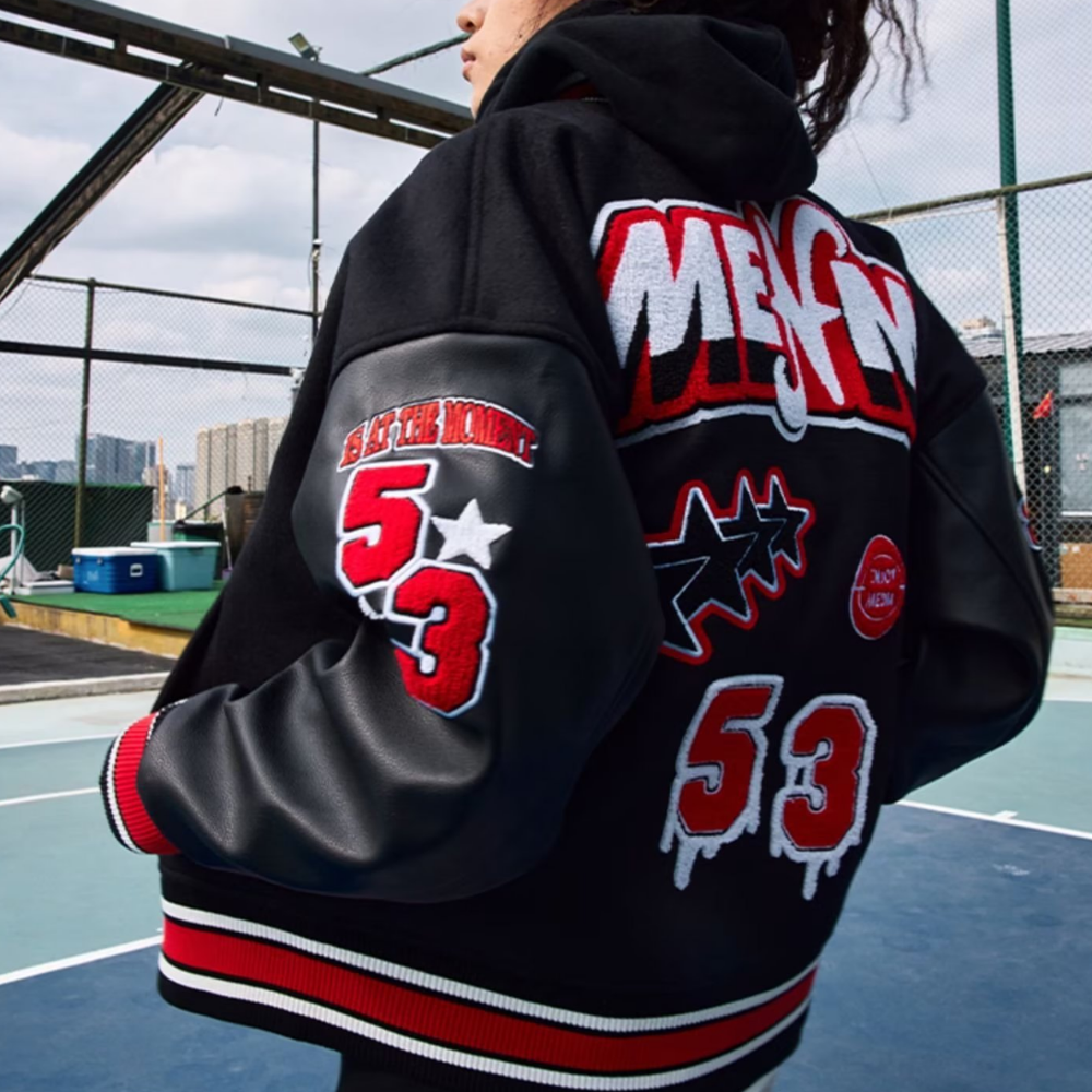 American Pattern Embroidered PU Panel Varsity Jacket