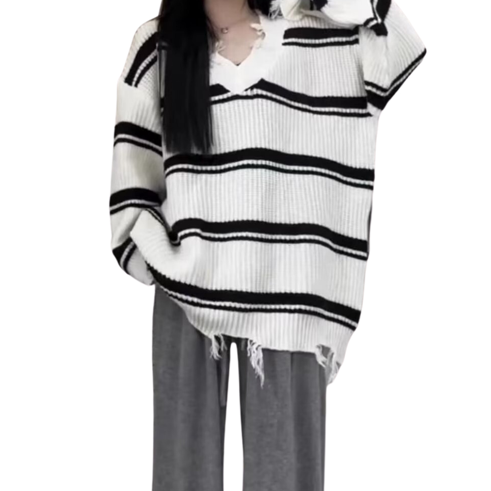 Women's Raw Edge Striped Knitted Sweater