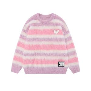 OOC' Faux Mink Butterfly Striped Crew Neck Sweater