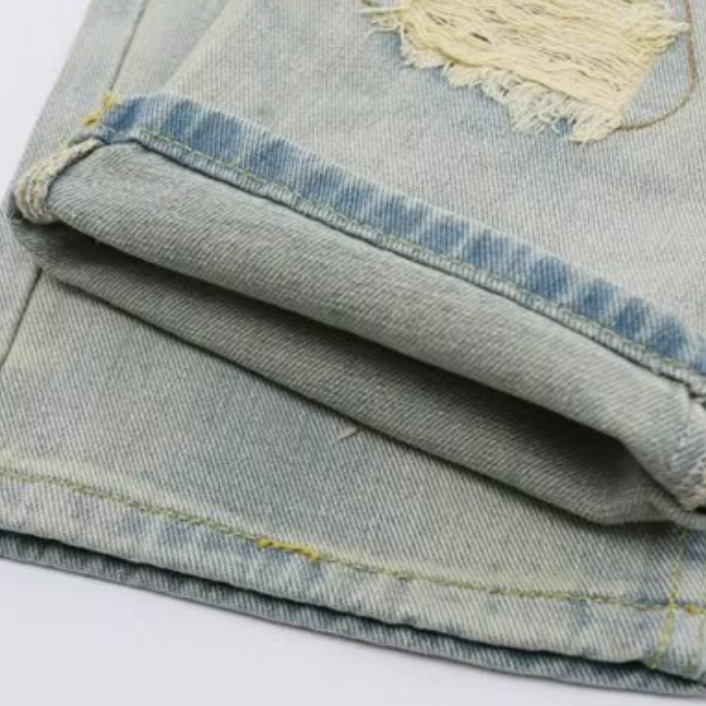 American Retro Loose Straight Washed Old Patch Ripped Jeans