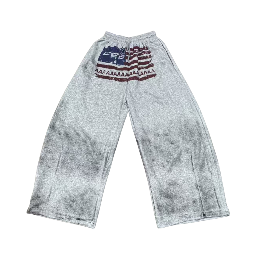 Unseen Echoes Washed Grey Sweatpants – Distressed USA Flag Print