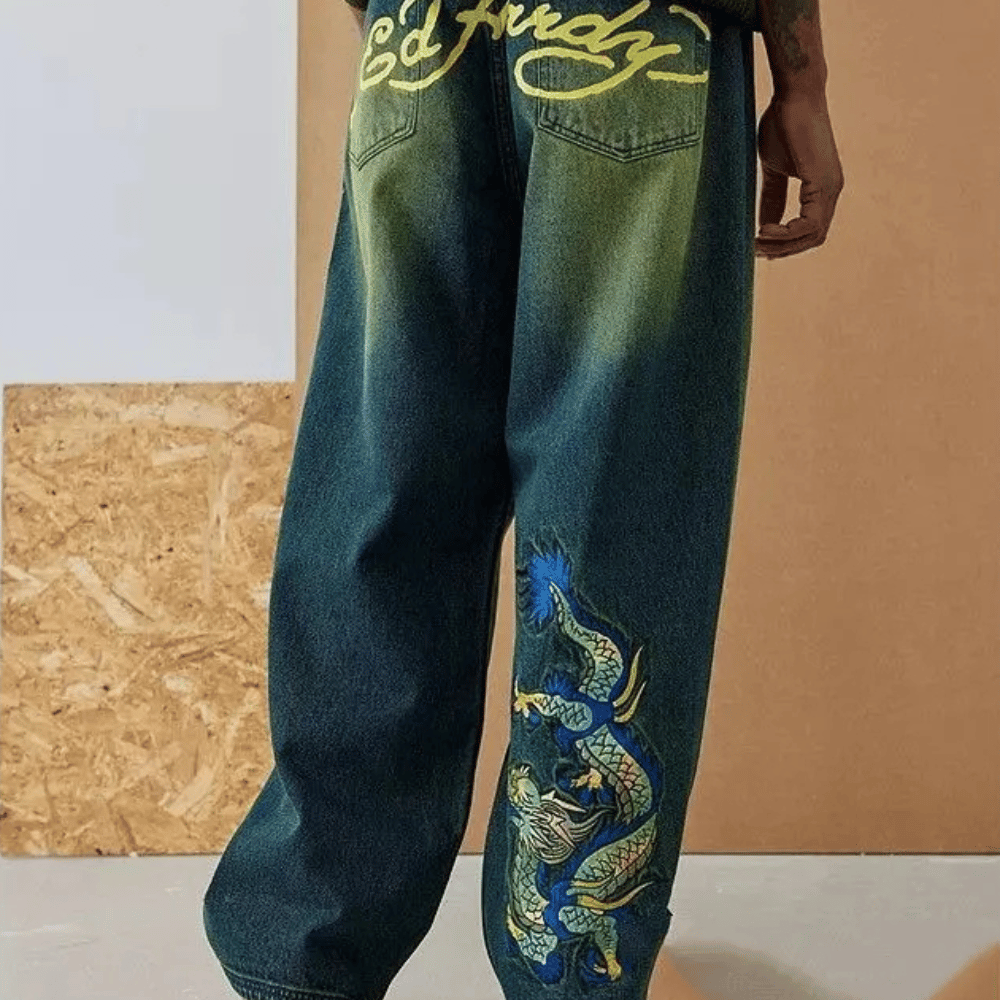Embroidered Ed Hardy Jeans with Blue Dragon Patch