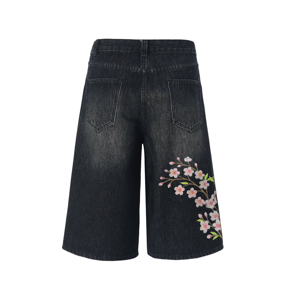 Evokyn Embroidered Pink Sakura Floral Baggy Shorts