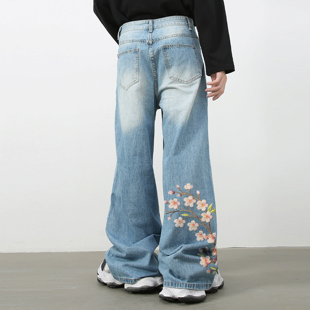 Evokyn Embroidered Pink Sakura Floral Jeans