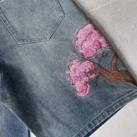 Evokyn Embroidered Denim Shorts with Sakura Blossom Tree