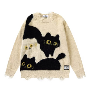 OOC' Cute Cat Pattern Ripped Knitted Sweater