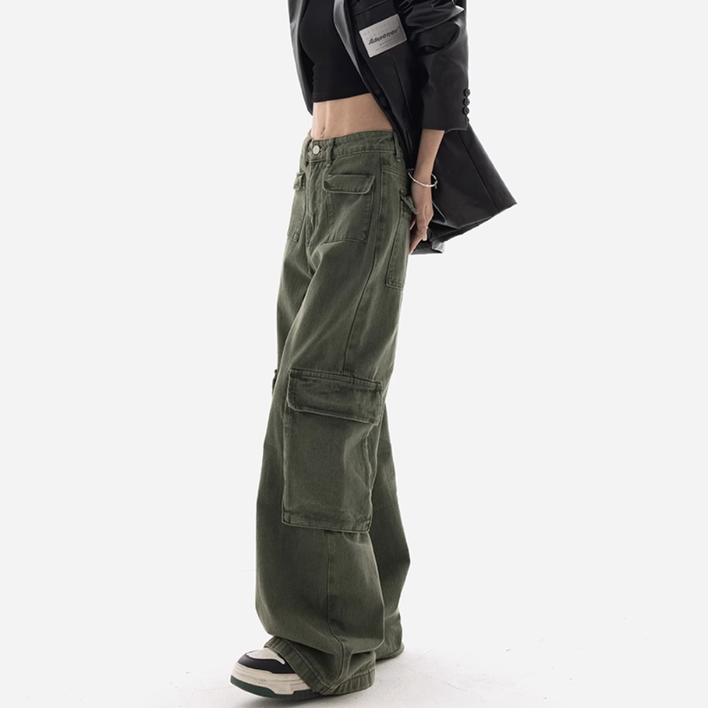 Women's Retro Army Green High Waist Cargo Pants