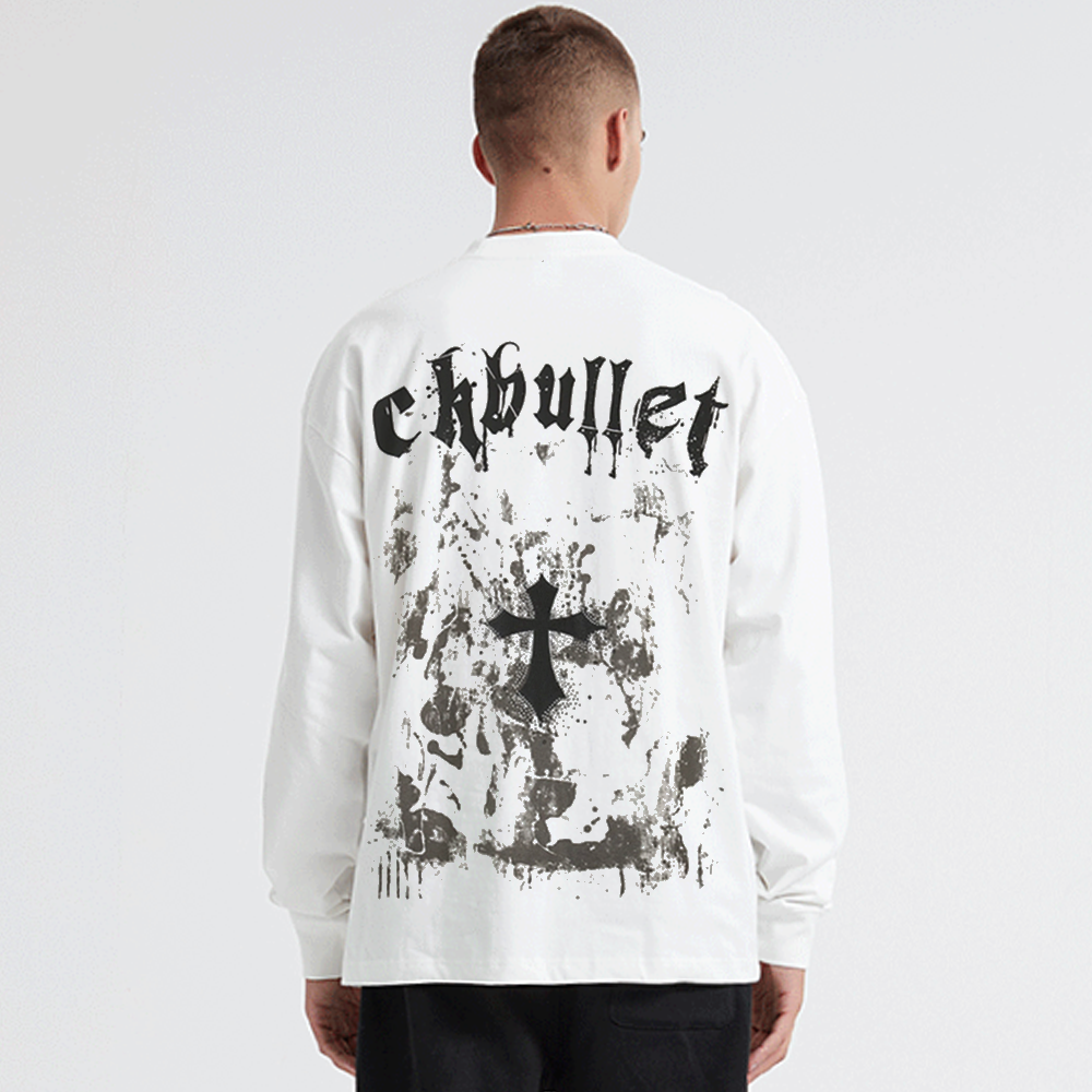 Retro Dark Cross Letters Long-Sleeve Shirt