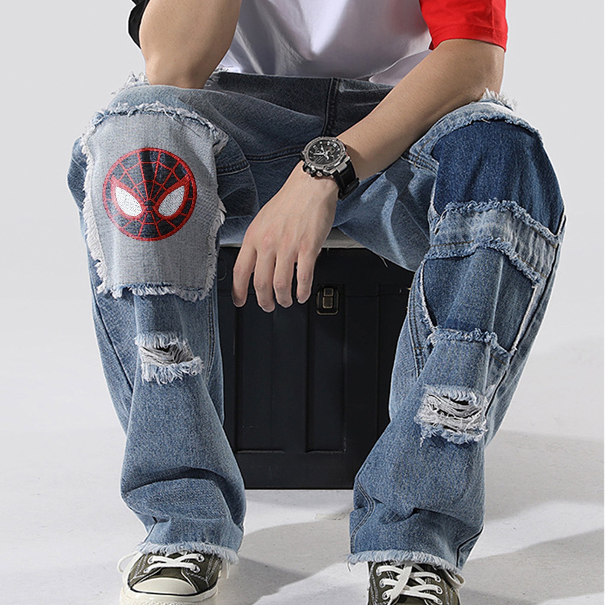 Distressed Embroidered Denim Jeans with Spiderman Patch