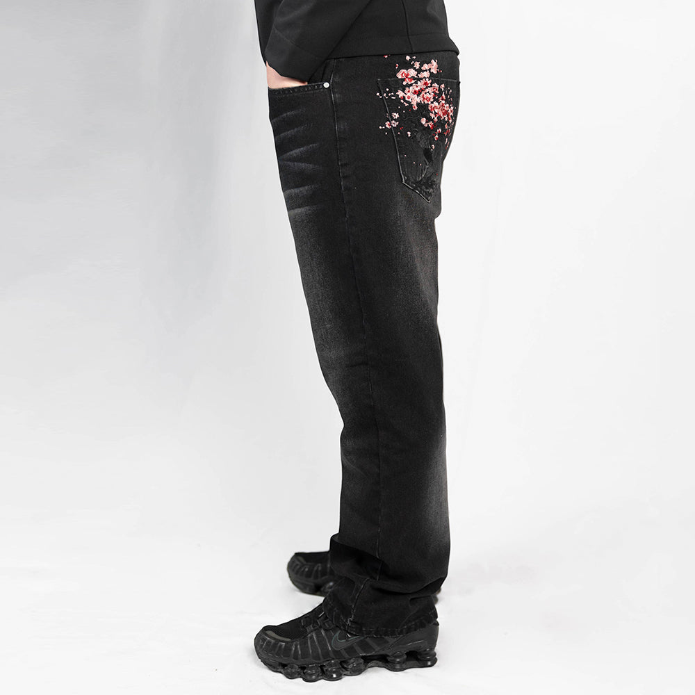 Evokyn Embroidered Pink Sakura Blossom Black Denim Jean