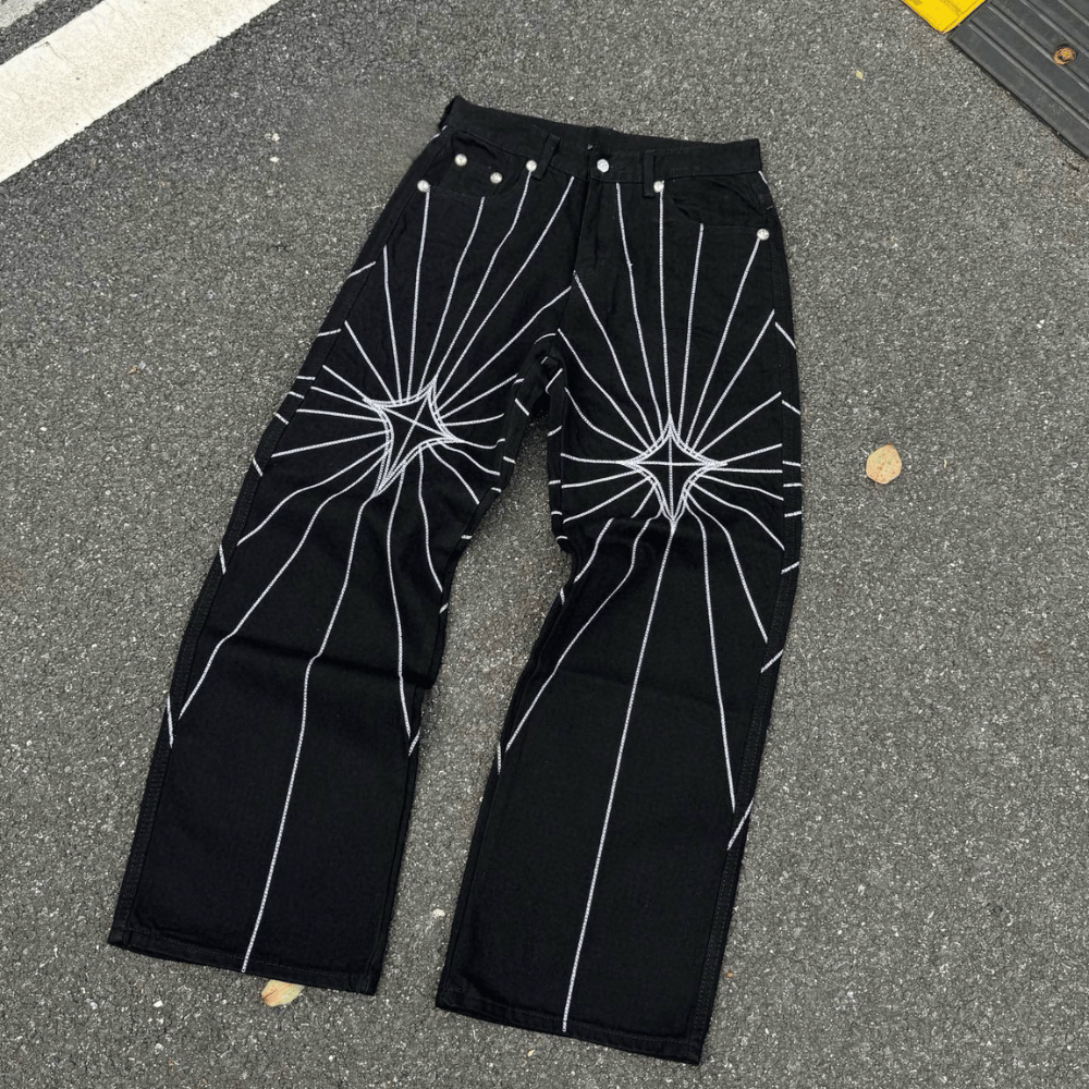 Y2K Embroidered Baggy Jeans with White Starburst Pattern
